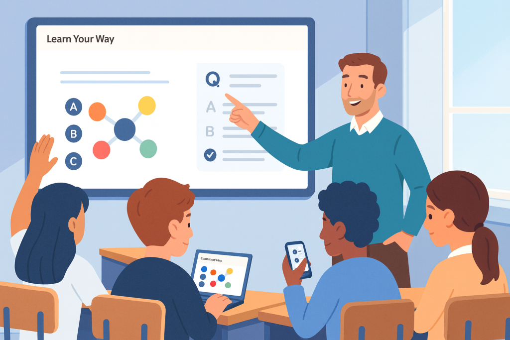 Teacher pointing at a screen with "Learn Your Way" in a classroom setting with students.