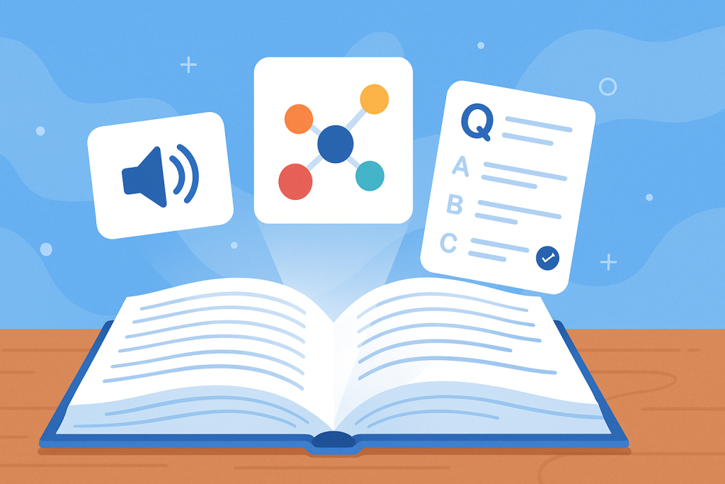 Open book with learning icons: audio, network diagram, and quiz.