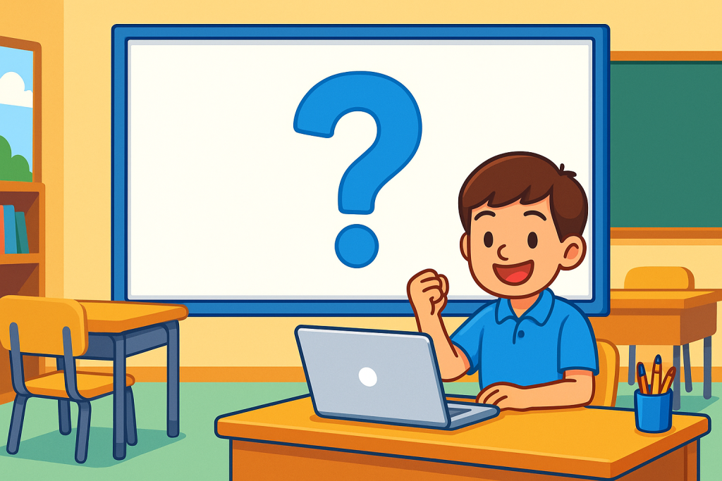 Student with laptop in classroom looking at a question mark on whiteboard.