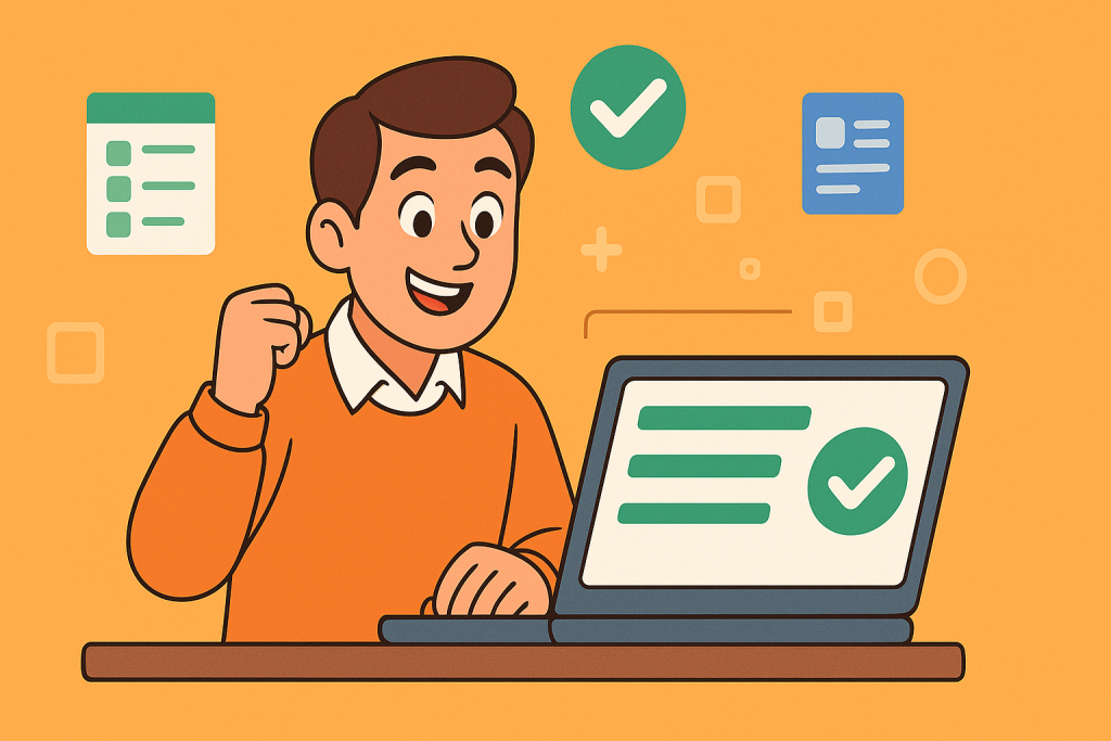 Man smiling at laptop with checkmark, representing successful Google Form validation using Regex.