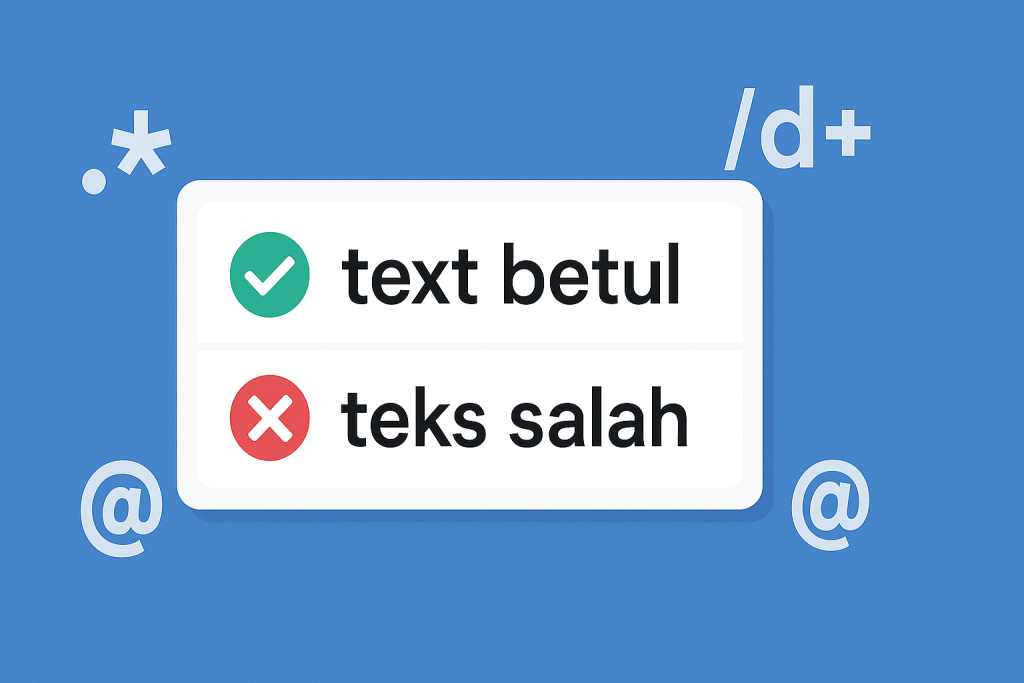 Regex validation example: "text betul" (correct) vs. "teks salah" (incorrect)