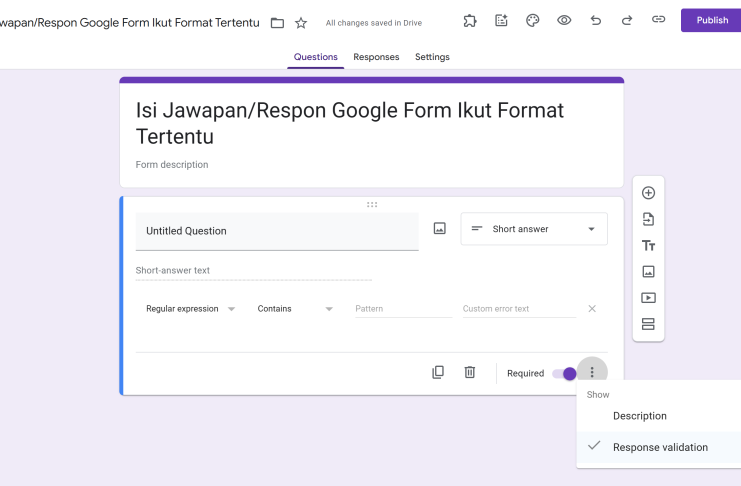 Google Form short answer question with response validation settings for Regex, part of cara guna regex di Google Form.