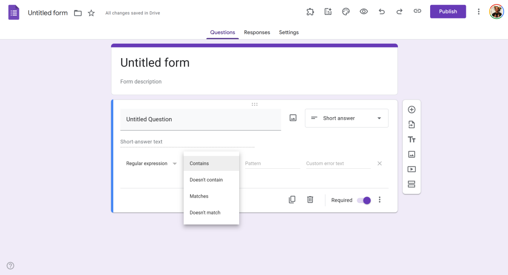 Google Forms short answer validation with regular expression options: Contains, Doesn't contain, Matches, Doesn't match.