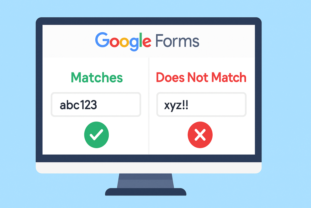 Google Forms regex validation: "abc123" matches, "xyz!!" does not.