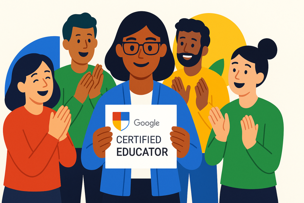 Google Certified Educator holding certificate, surrounded by applauding colleagues.
