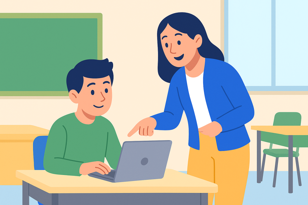 Teacher assisting student with laptop in classroom. Google Certified Educator.