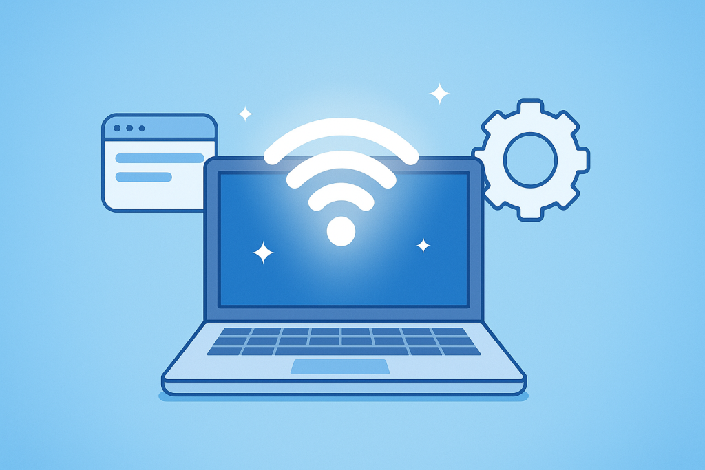 Laptop with Wi-Fi symbol, browser window, and gear icon, representing internet connectivity and settings