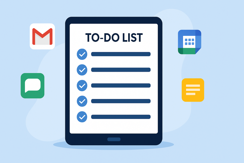 Tablet with a to-do list and Google app icons: Gmail, Google Apps, Keep, and Messages.