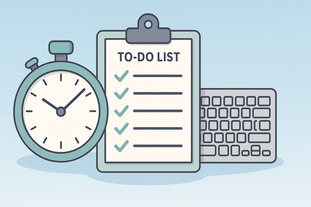 To-do list with checkmarks, stopwatch, and keyboard, representing productivity and time management.